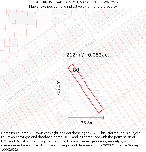 80, LABURNUM ROAD, DENTON, MANCHESTER, M34 2ND: Plot and title map