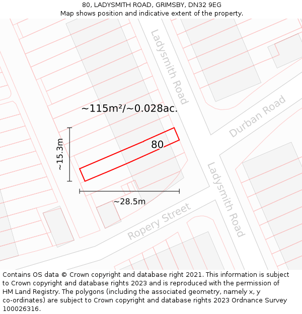 80, LADYSMITH ROAD, GRIMSBY, DN32 9EG: Plot and title map