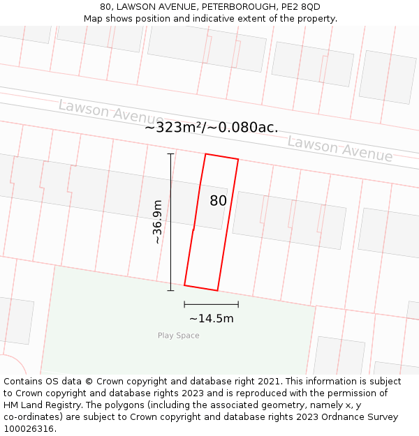 80, LAWSON AVENUE, PETERBOROUGH, PE2 8QD: Plot and title map