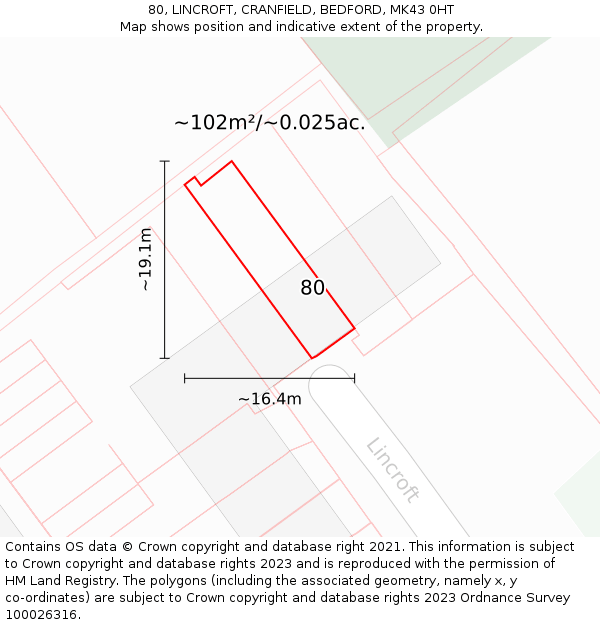 80, LINCROFT, CRANFIELD, BEDFORD, MK43 0HT: Plot and title map