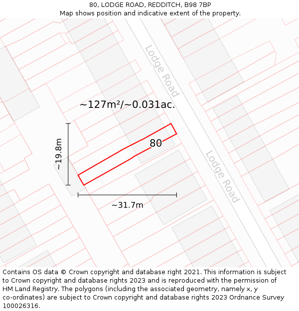 80, LODGE ROAD, REDDITCH, B98 7BP: Plot and title map