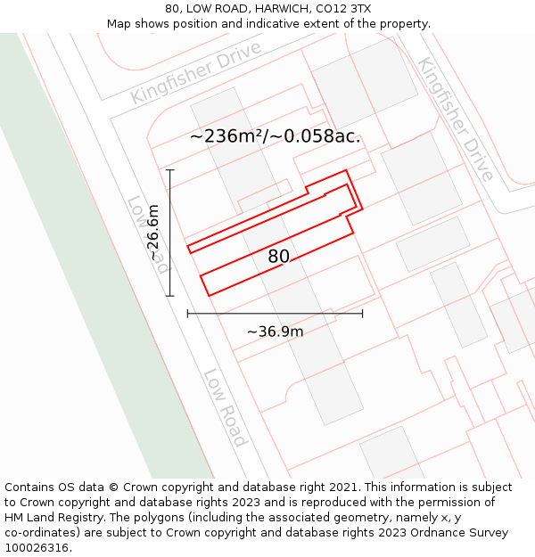80, LOW ROAD, HARWICH, CO12 3TX: Plot and title map