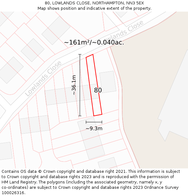80, LOWLANDS CLOSE, NORTHAMPTON, NN3 5EX: Plot and title map