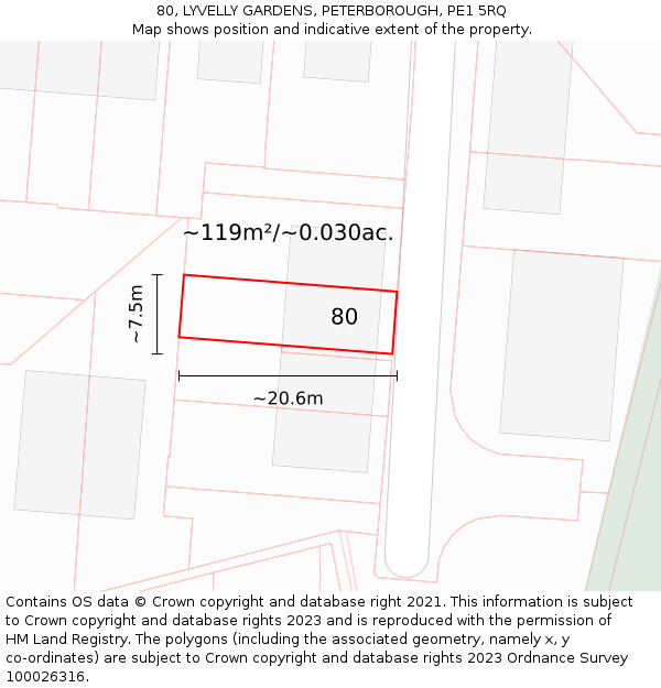80, LYVELLY GARDENS, PETERBOROUGH, PE1 5RQ: Plot and title map