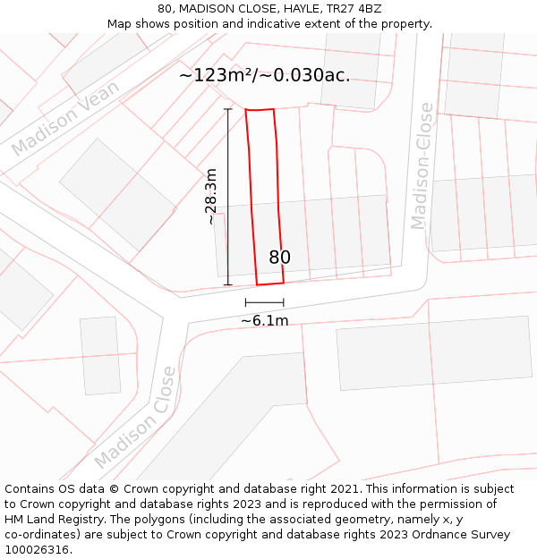 80, MADISON CLOSE, HAYLE, TR27 4BZ: Plot and title map