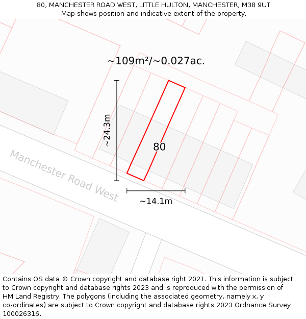 80, MANCHESTER ROAD WEST, LITTLE HULTON, MANCHESTER, M38 9UT: Plot and title map