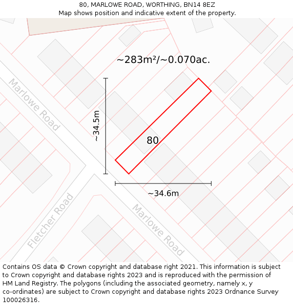80, MARLOWE ROAD, WORTHING, BN14 8EZ: Plot and title map