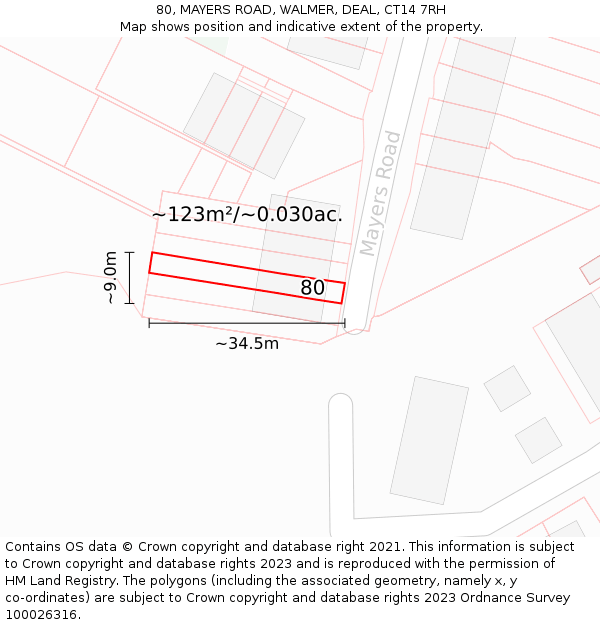 80, MAYERS ROAD, WALMER, DEAL, CT14 7RH: Plot and title map