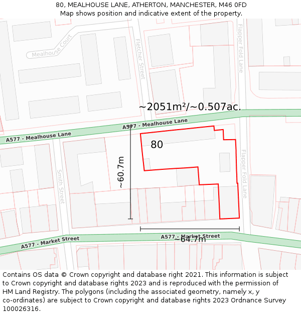 80, MEALHOUSE LANE, ATHERTON, MANCHESTER, M46 0FD: Plot and title map