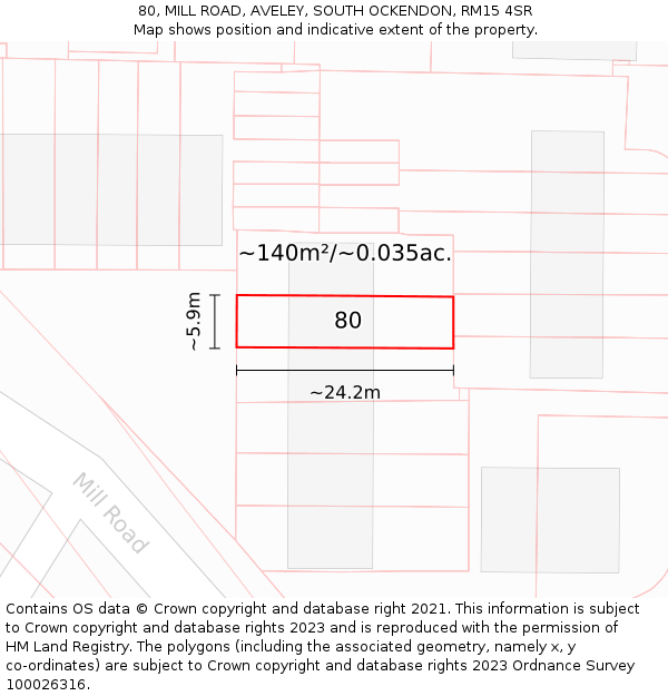 80, MILL ROAD, AVELEY, SOUTH OCKENDON, RM15 4SR: Plot and title map
