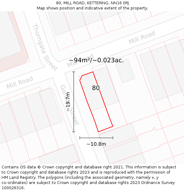 80, MILL ROAD, KETTERING, NN16 0RJ: Plot and title map
