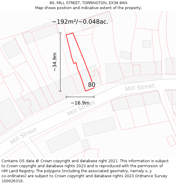 80, MILL STREET, TORRINGTON, EX38 8AN: Plot and title map