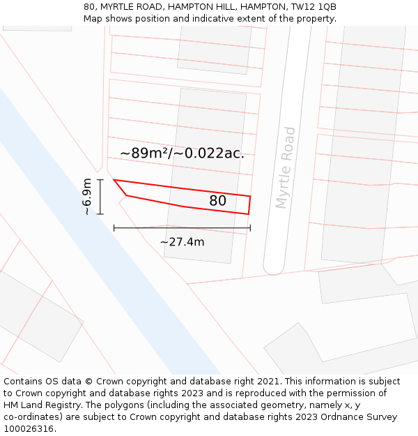 80, MYRTLE ROAD, HAMPTON HILL, HAMPTON, TW12 1QB: Plot and title map
