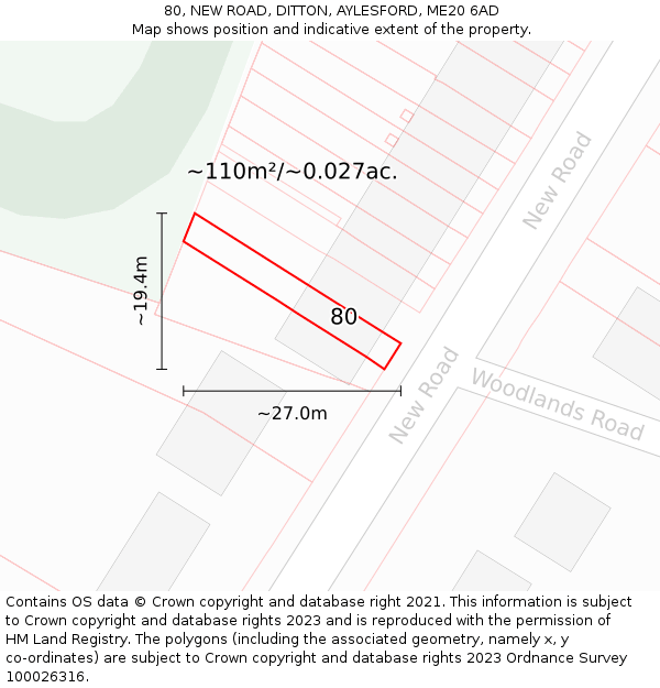 80, NEW ROAD, DITTON, AYLESFORD, ME20 6AD: Plot and title map