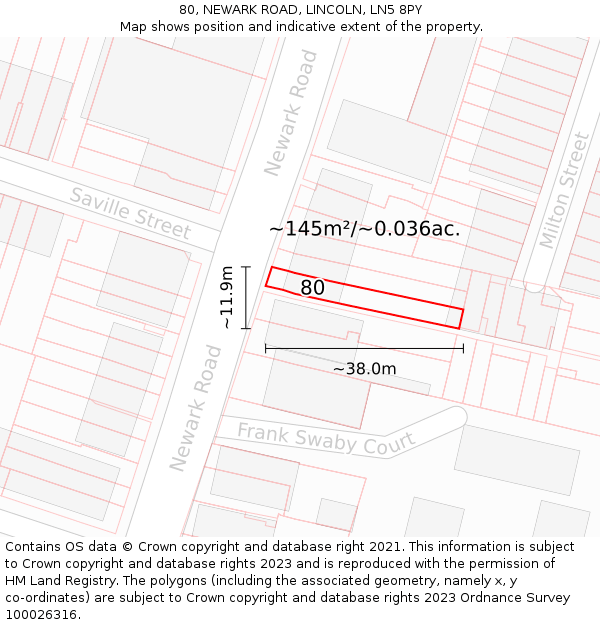 80, NEWARK ROAD, LINCOLN, LN5 8PY: Plot and title map