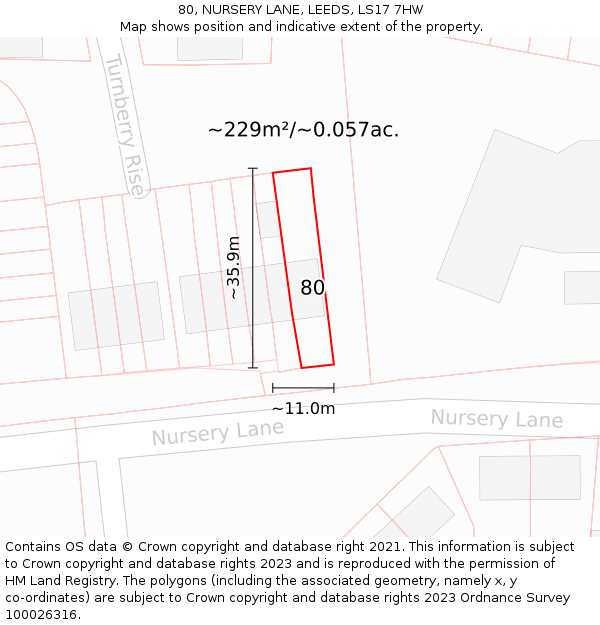 80, NURSERY LANE, LEEDS, LS17 7HW: Plot and title map