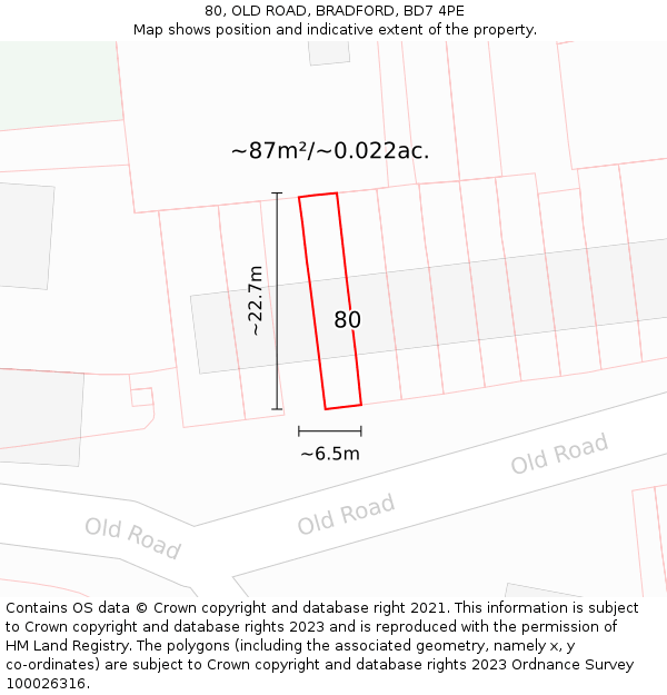 80, OLD ROAD, BRADFORD, BD7 4PE: Plot and title map