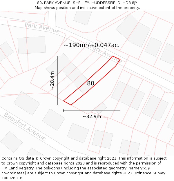80, PARK AVENUE, SHELLEY, HUDDERSFIELD, HD8 8JY: Plot and title map