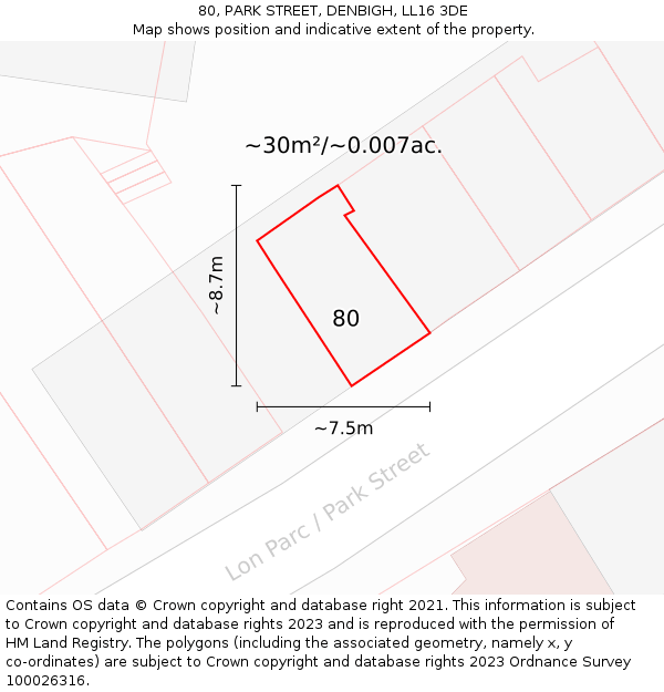 80, PARK STREET, DENBIGH, LL16 3DE: Plot and title map