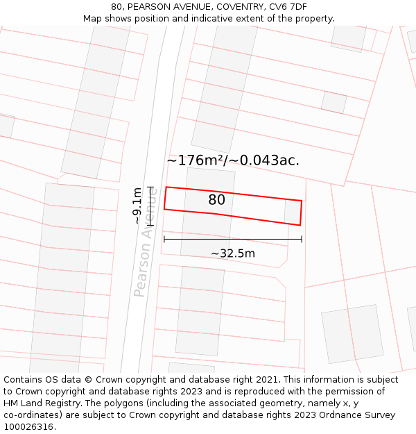 80, PEARSON AVENUE, COVENTRY, CV6 7DF: Plot and title map