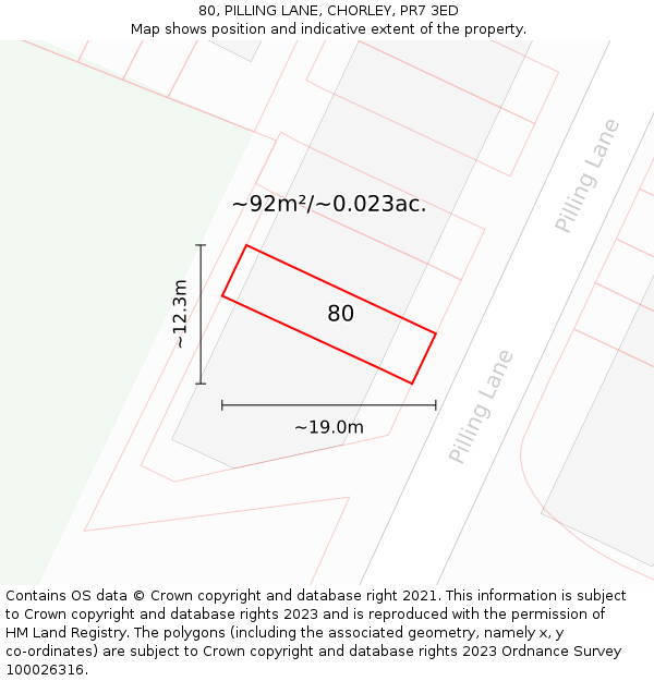 80, PILLING LANE, CHORLEY, PR7 3ED: Plot and title map