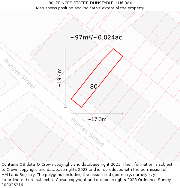 80, PRINCES STREET, DUNSTABLE, LU6 3AX: Plot and title map