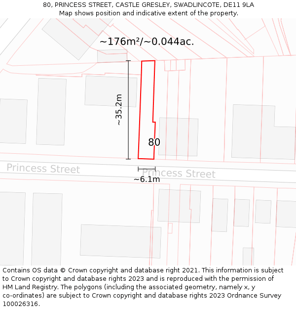80, PRINCESS STREET, CASTLE GRESLEY, SWADLINCOTE, DE11 9LA: Plot and title map