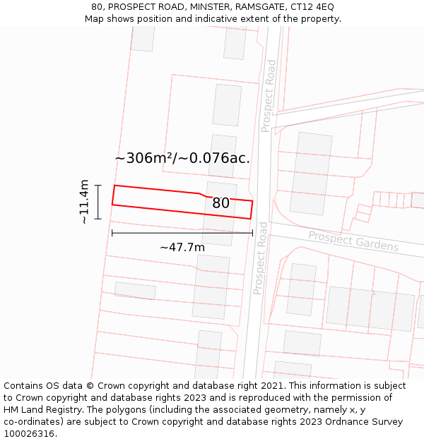 80, PROSPECT ROAD, MINSTER, RAMSGATE, CT12 4EQ: Plot and title map