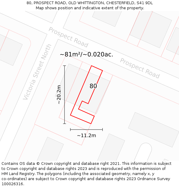 80, PROSPECT ROAD, OLD WHITTINGTON, CHESTERFIELD, S41 9DL: Plot and title map