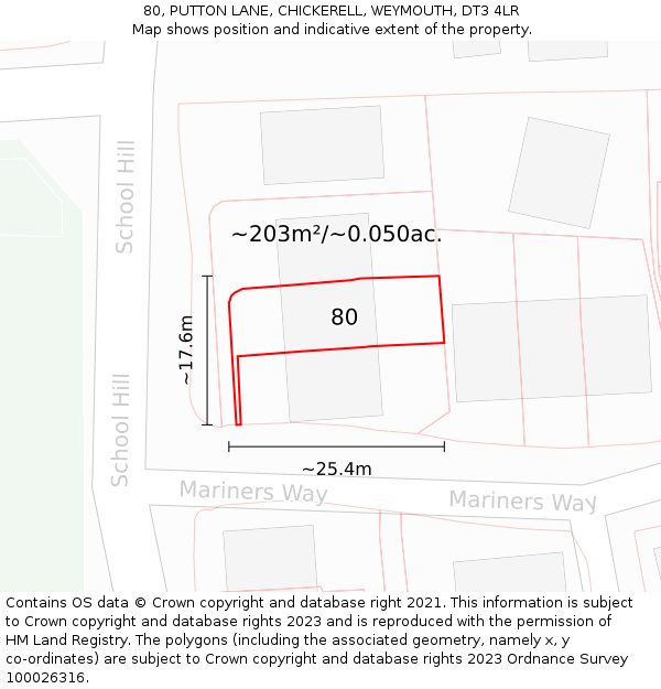80, PUTTON LANE, CHICKERELL, WEYMOUTH, DT3 4LR: Plot and title map