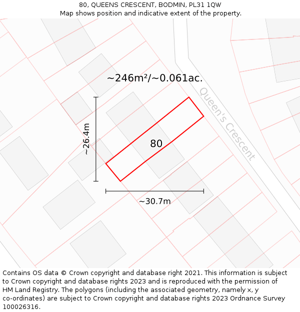 80, QUEENS CRESCENT, BODMIN, PL31 1QW: Plot and title map