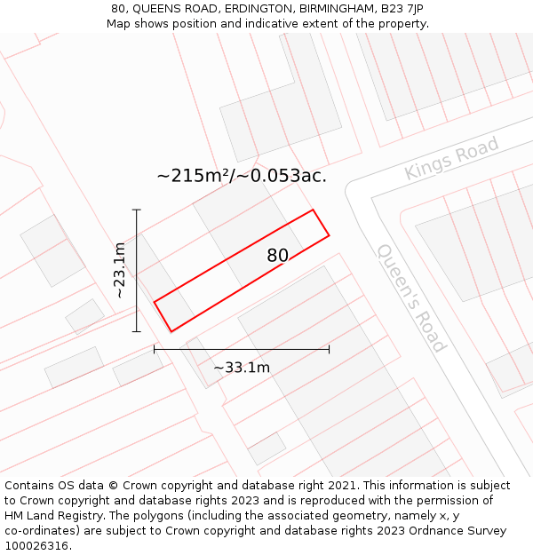 80, QUEENS ROAD, ERDINGTON, BIRMINGHAM, B23 7JP: Plot and title map