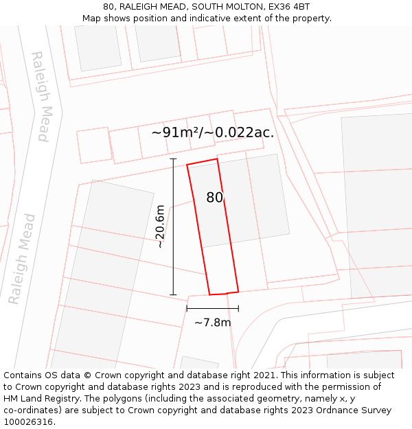 80, RALEIGH MEAD, SOUTH MOLTON, EX36 4BT: Plot and title map