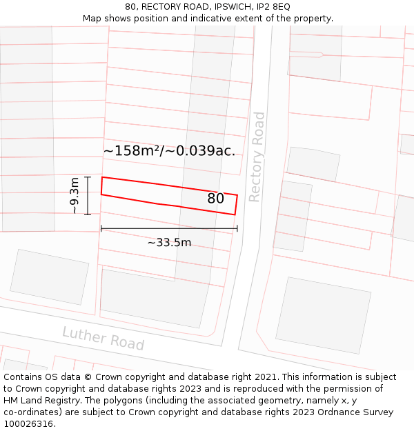 80, RECTORY ROAD, IPSWICH, IP2 8EQ: Plot and title map