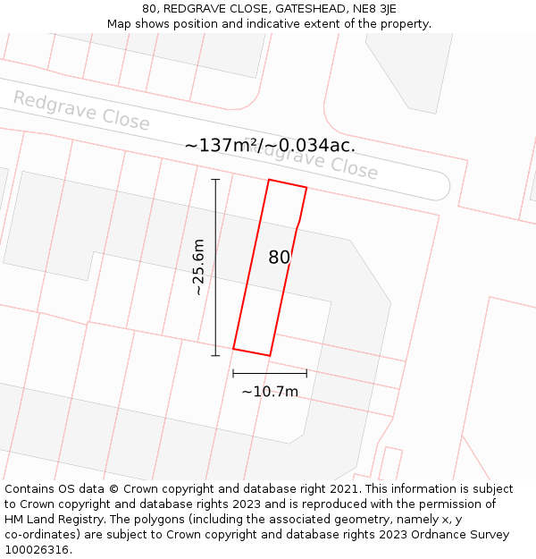 80, REDGRAVE CLOSE, GATESHEAD, NE8 3JE: Plot and title map