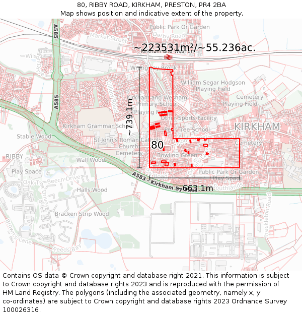 80, RIBBY ROAD, KIRKHAM, PRESTON, PR4 2BA: Plot and title map
