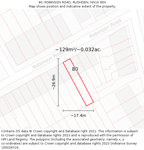 80, ROBINSON ROAD, RUSHDEN, NN10 0EH: Plot and title map