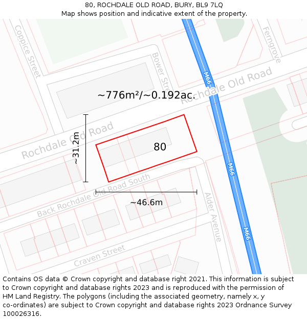 80, ROCHDALE OLD ROAD, BURY, BL9 7LQ: Plot and title map