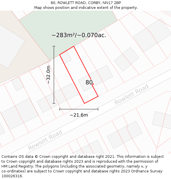 80, ROWLETT ROAD, CORBY, NN17 2BP: Plot and title map