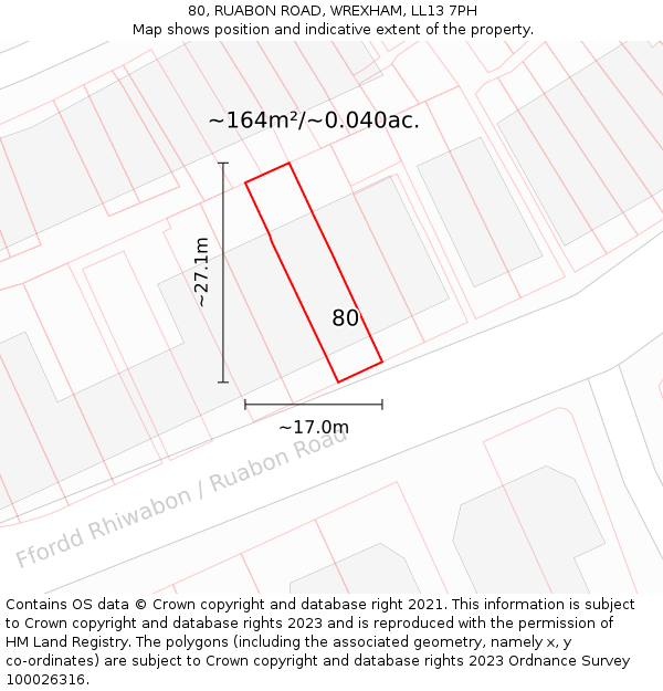 80, RUABON ROAD, WREXHAM, LL13 7PH: Plot and title map