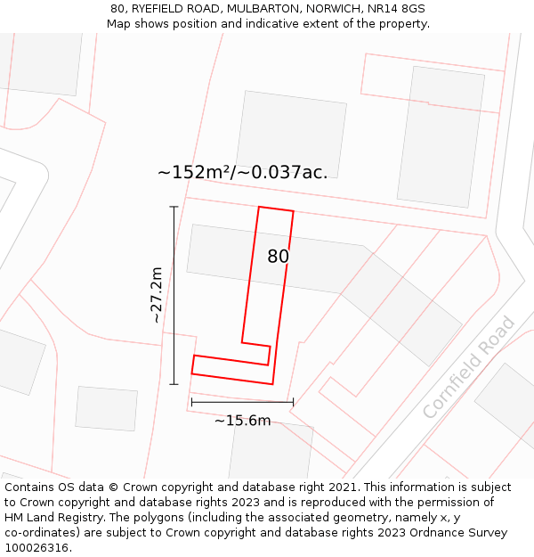 80, RYEFIELD ROAD, MULBARTON, NORWICH, NR14 8GS: Plot and title map