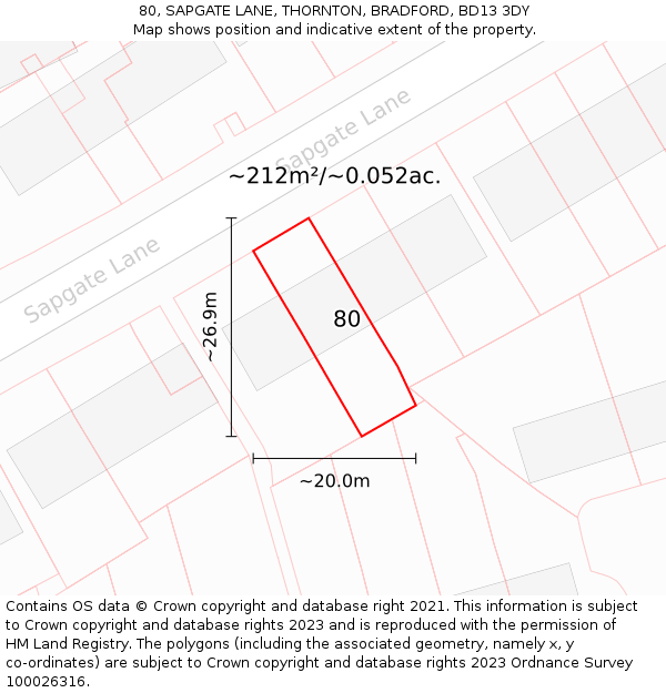 80, SAPGATE LANE, THORNTON, BRADFORD, BD13 3DY: Plot and title map