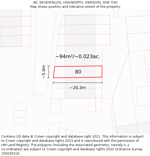80, SEVENFIELDS, HIGHWORTH, SWINDON, SN6 7NG: Plot and title map
