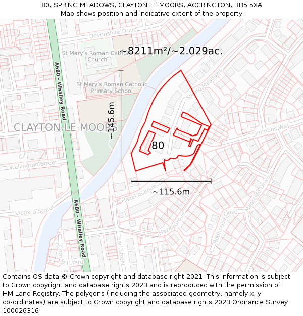 80, SPRING MEADOWS, CLAYTON LE MOORS, ACCRINGTON, BB5 5XA: Plot and title map
