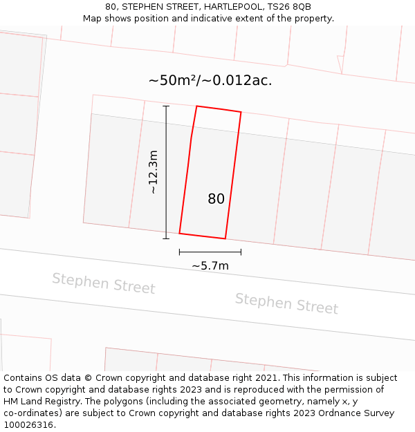 80, STEPHEN STREET, HARTLEPOOL, TS26 8QB: Plot and title map