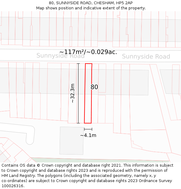 80, SUNNYSIDE ROAD, CHESHAM, HP5 2AP: Plot and title map