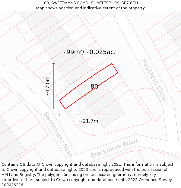 80, SWEETMANS ROAD, SHAFTESBURY, SP7 8EH: Plot and title map