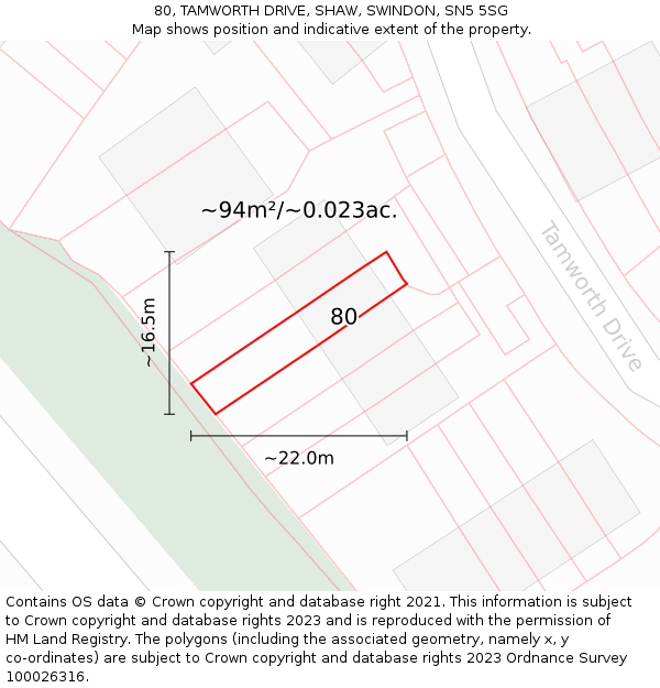 80, TAMWORTH DRIVE, SHAW, SWINDON, SN5 5SG: Plot and title map