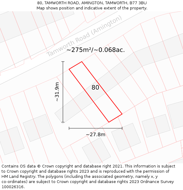 80, TAMWORTH ROAD, AMINGTON, TAMWORTH, B77 3BU: Plot and title map