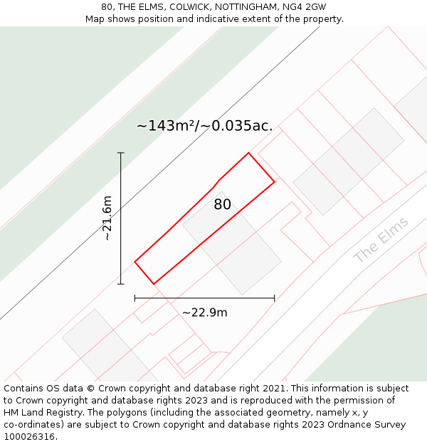 80, THE ELMS, COLWICK, NOTTINGHAM, NG4 2GW: Plot and title map